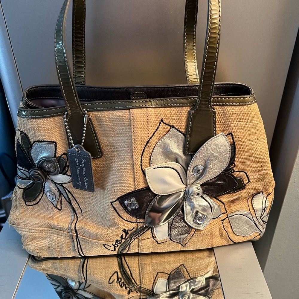 Coach Tan and Black Floral Shoulder Bag